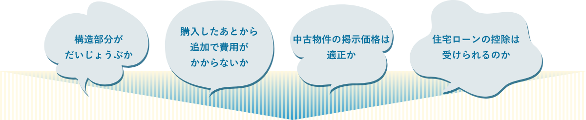 構造部分がだいじょうぶか、購入したあとから追加で費用がかからないか、中古物件の掲示価格は適正か、住宅ローンの控除は受けられるのか